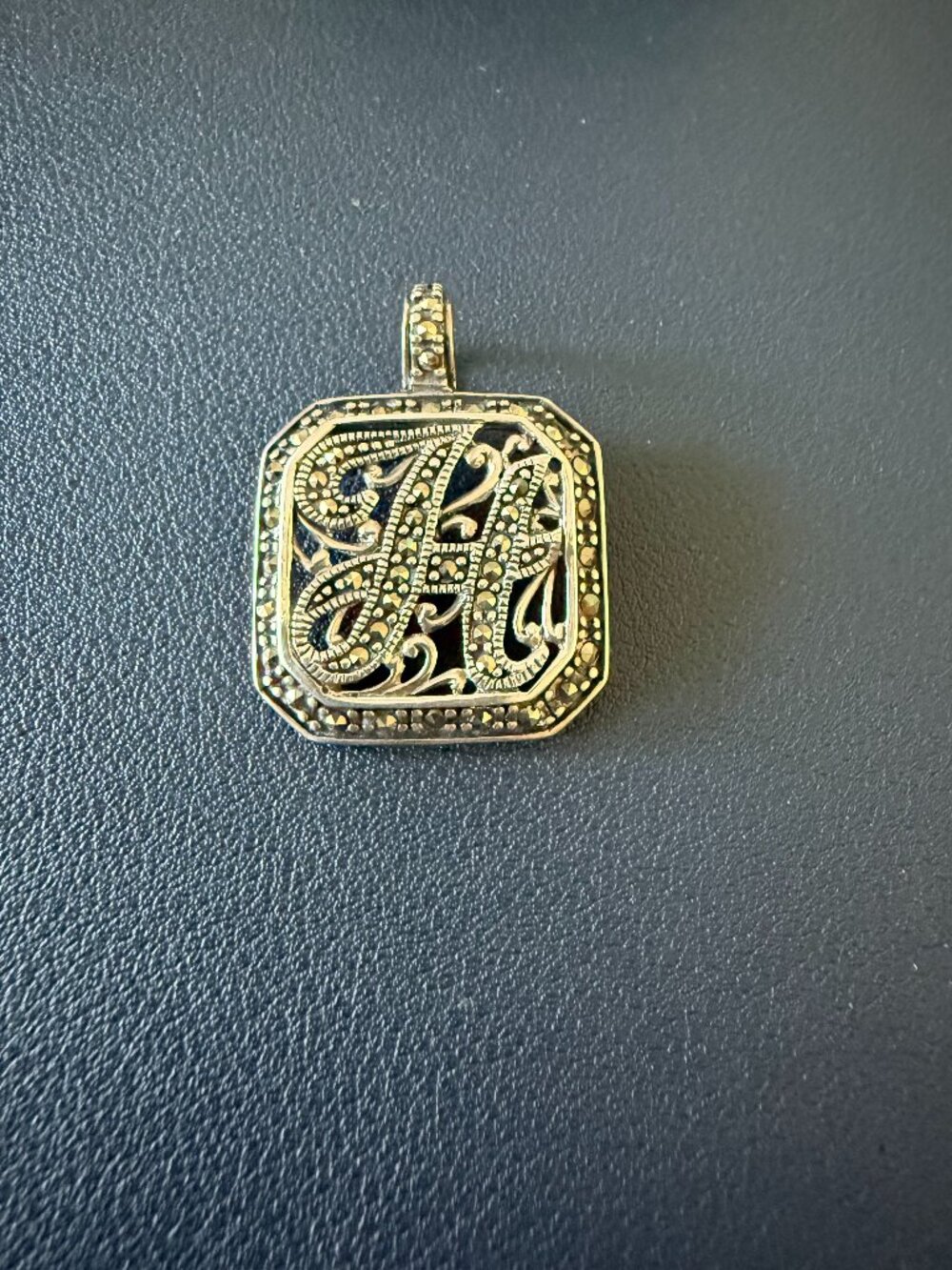 Large Vintage A925 Sterling Silver Marcasite Letter Initial "H" Enhancer Pendant
